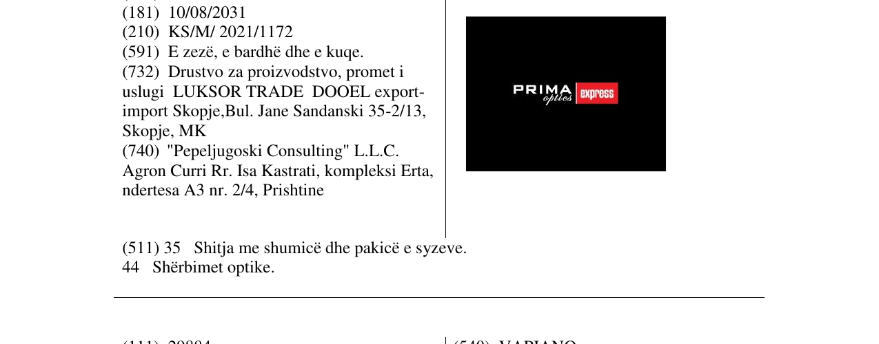 Zëri i markës PRIMA EXPRESS OPTICS në buletin