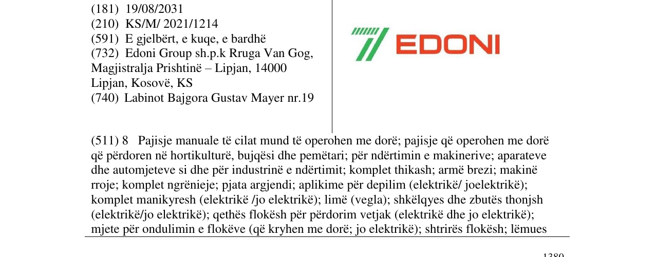 Zëri i markës Edoni Group sh.p.k në buletin