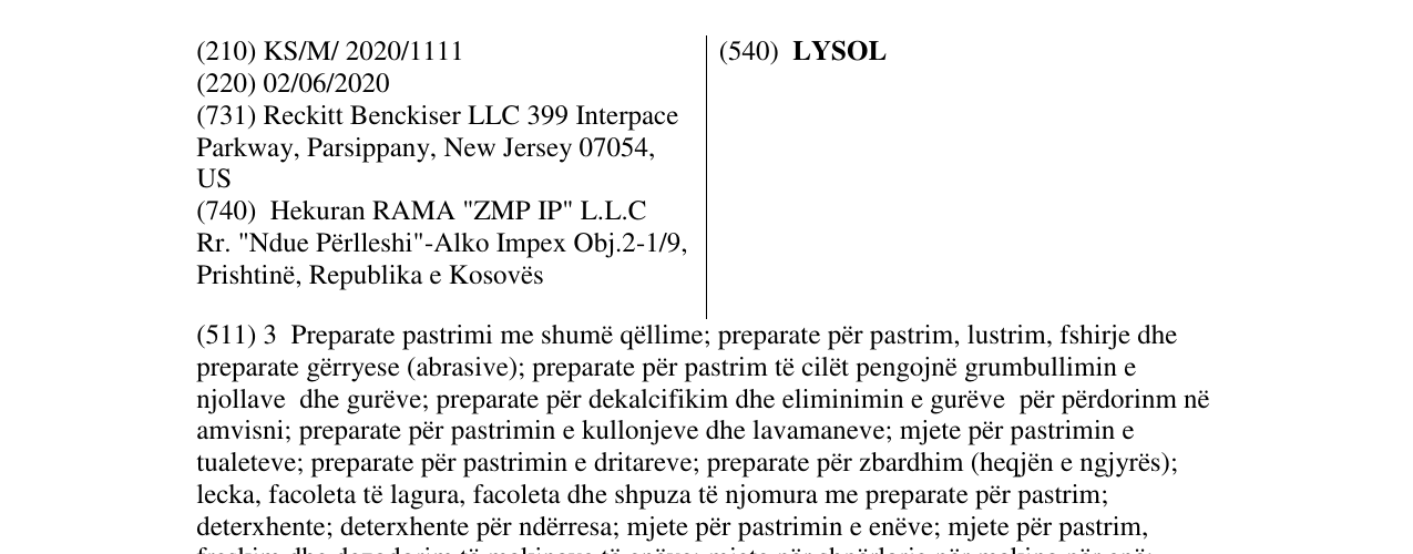 LYSOL markasının bültendeki kaydı