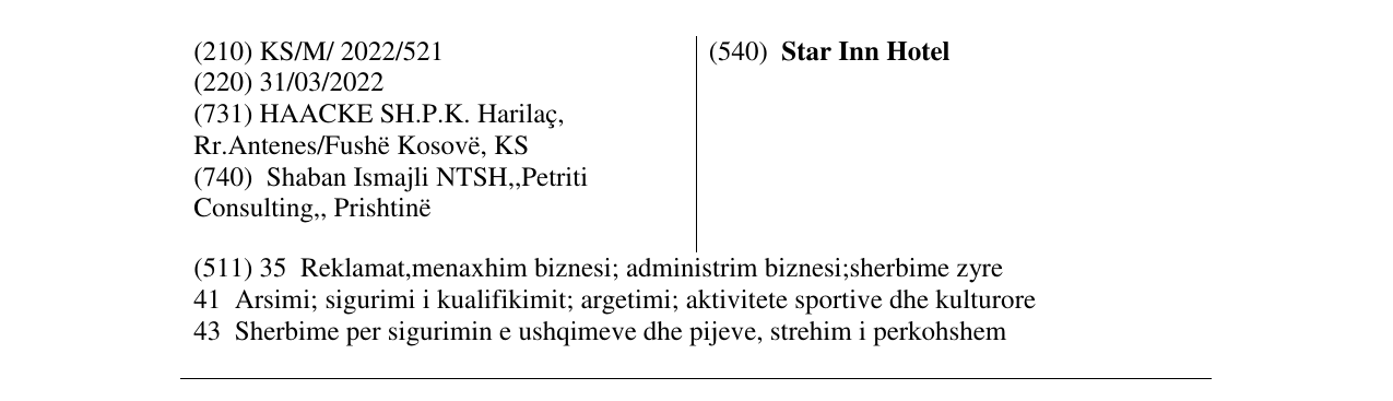 Zëri i markës Star Inn Hotel në buletin