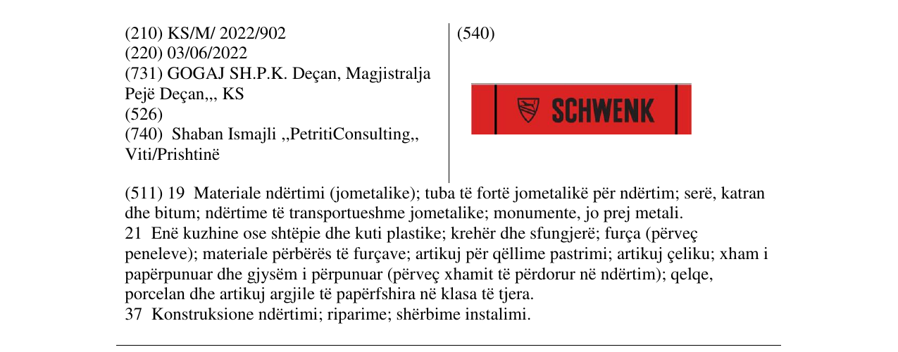 Zëri i markës SCHWENK në buletin