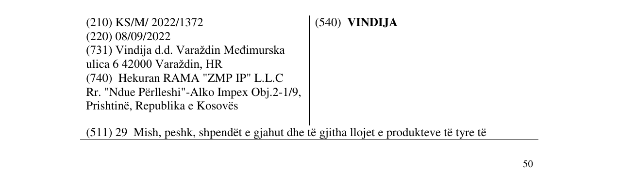 Zëri i markës VINDIJA në buletin