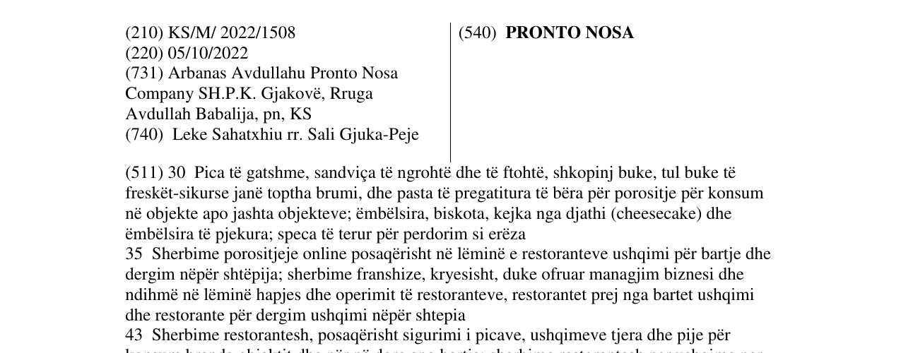 Zëri i markës PRONTO NOSA në buletin