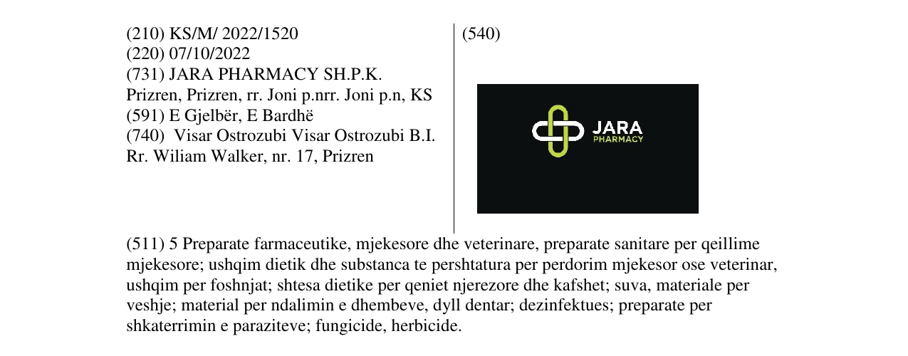 Zëri i markës JARA PHARMACY në buletin