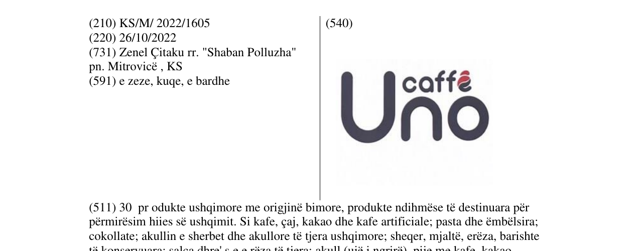 Zëri i markës Uno caffe në buletin
