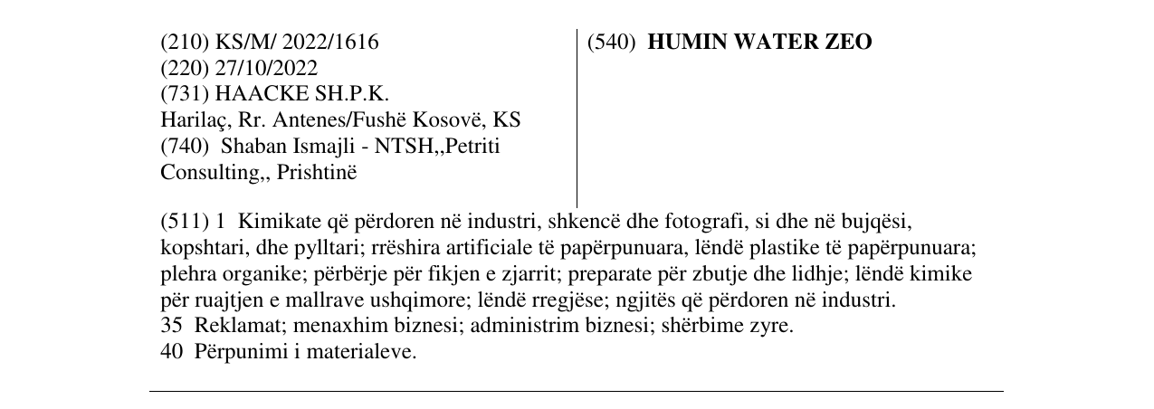 Zëri i markës HUMIN WATER ZEO në buletin