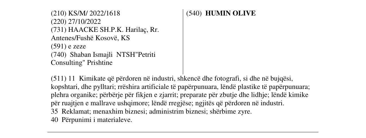 Zëri i markës HUMIN OLIVE në buletin