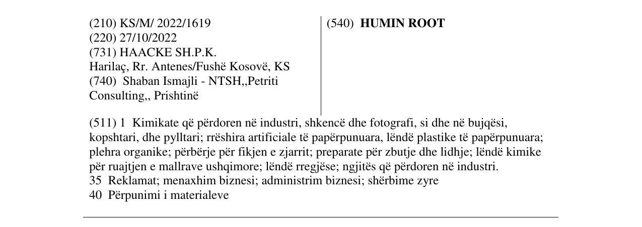 Zëri i markës HUMIN ROOT në buletin