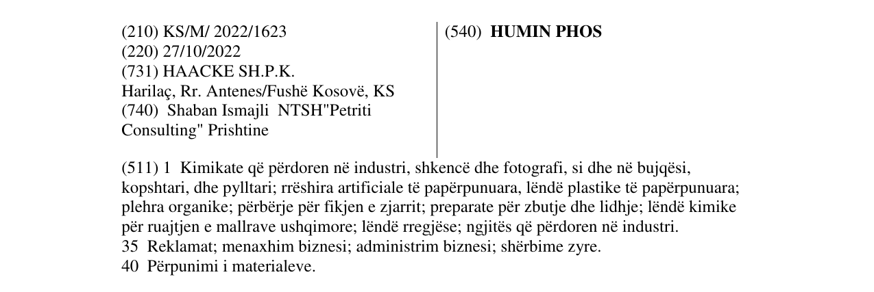 Zëri i markës HUMIN PHOS në buletin