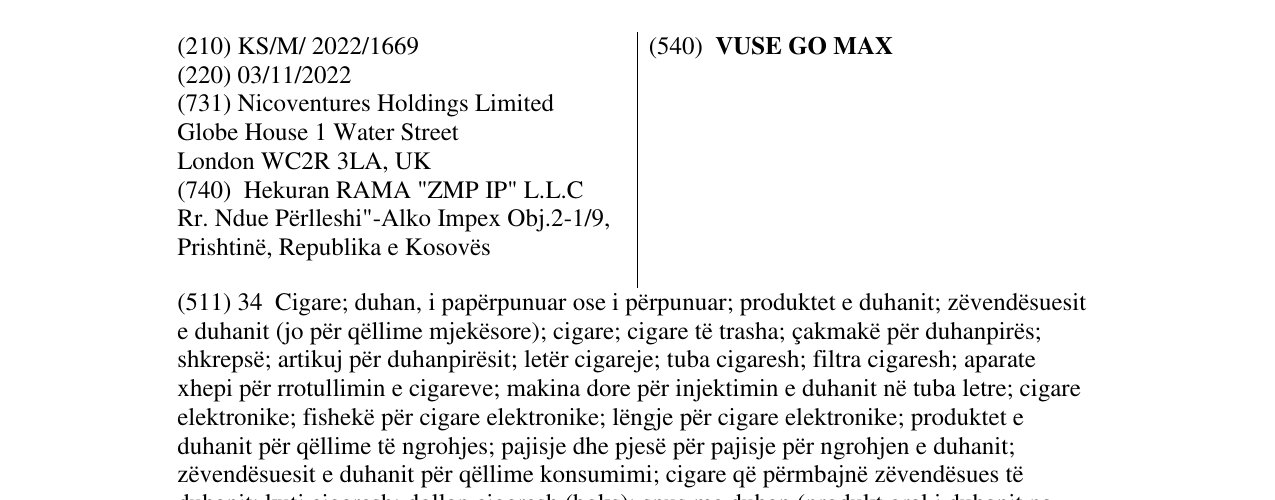 Zëri i markës VUSE GO MAX në buletin