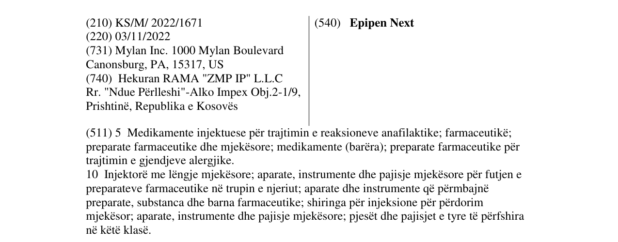 Zëri i markës Epipen Next në buletin