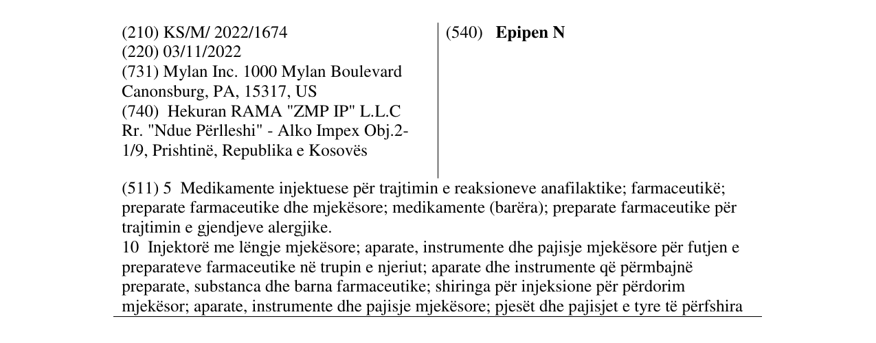 Zëri i markës Epipen N në buletin