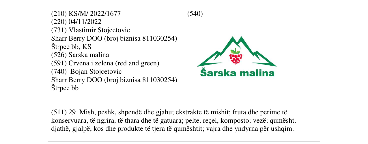 Zëri i markës Sarska malina në buletin