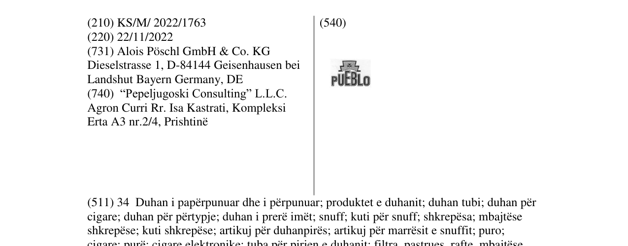 Zëri i markës PUEBLO në buletin