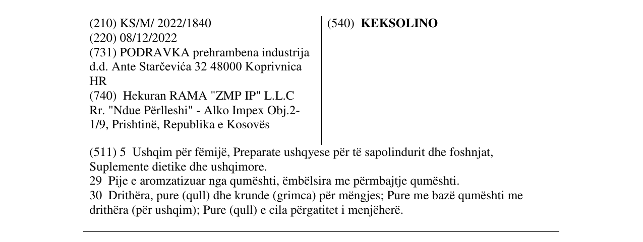 Zëri i markës KEKSOLINO në buletin