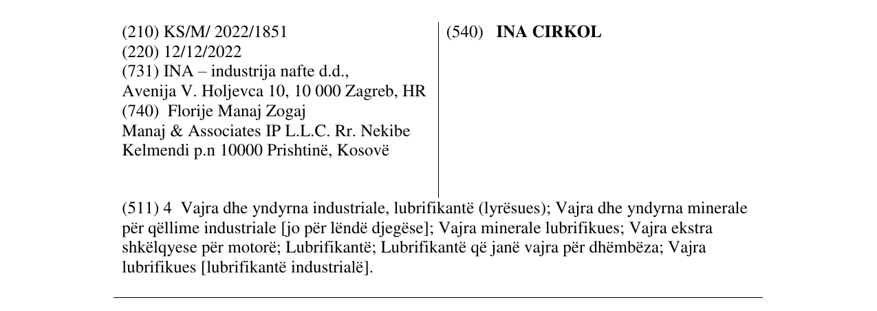 Zëri i markës INA CIRKOL në buletin