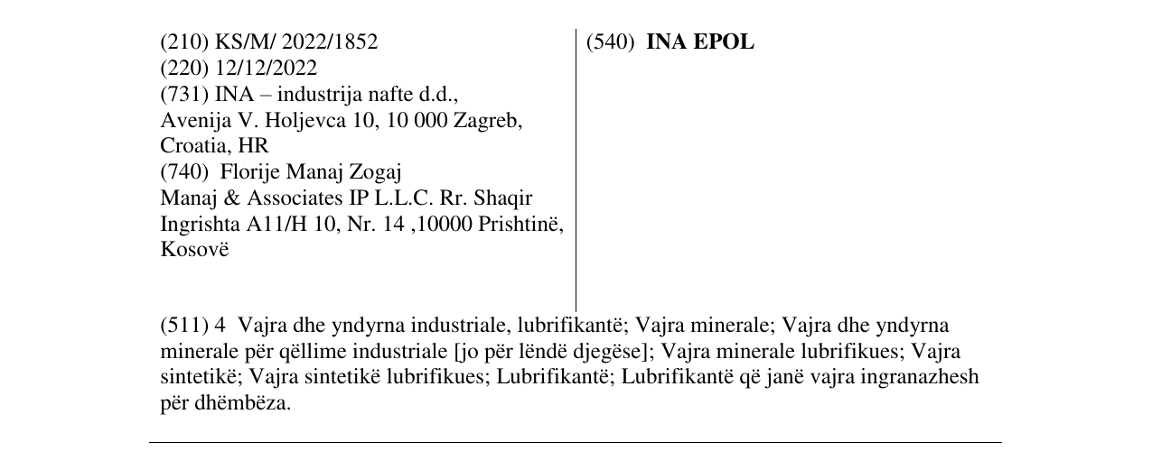 Zëri i markës INA EPOL në buletin
