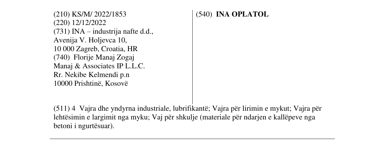 Zëri i markës INA OPLATOL në buletin