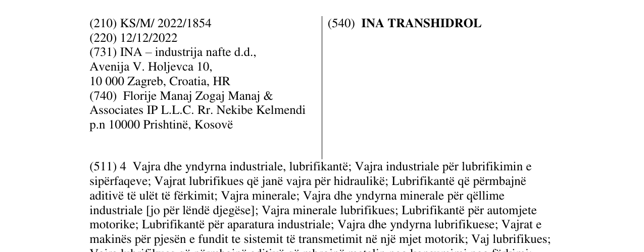 Zëri i markës INA TRANSHIDROL në buletin