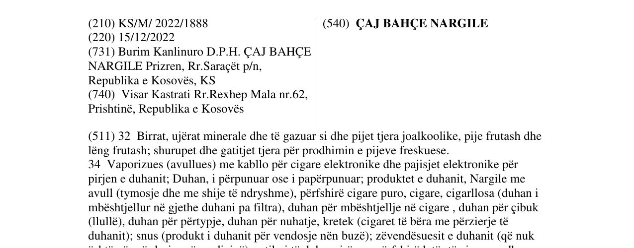 Zëri i markës ÇAJ BAHÇE NARGILE në buletin