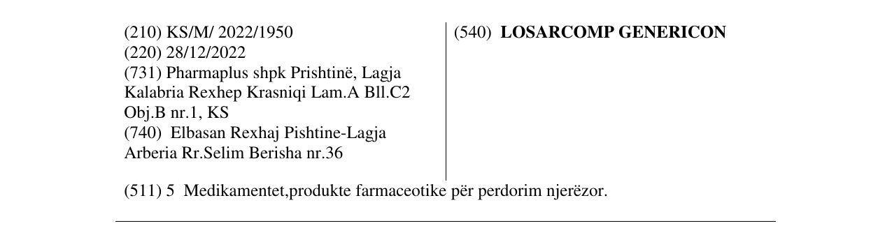 Zëri i markës LOSARCOMP GENERICON në buletin