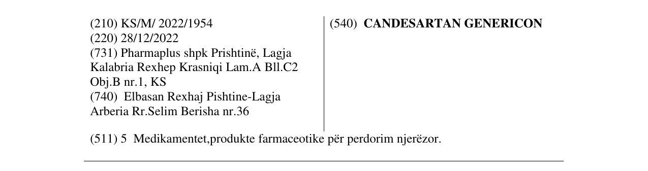 Zëri i markës CANDESARTAN GENERICON në buletin