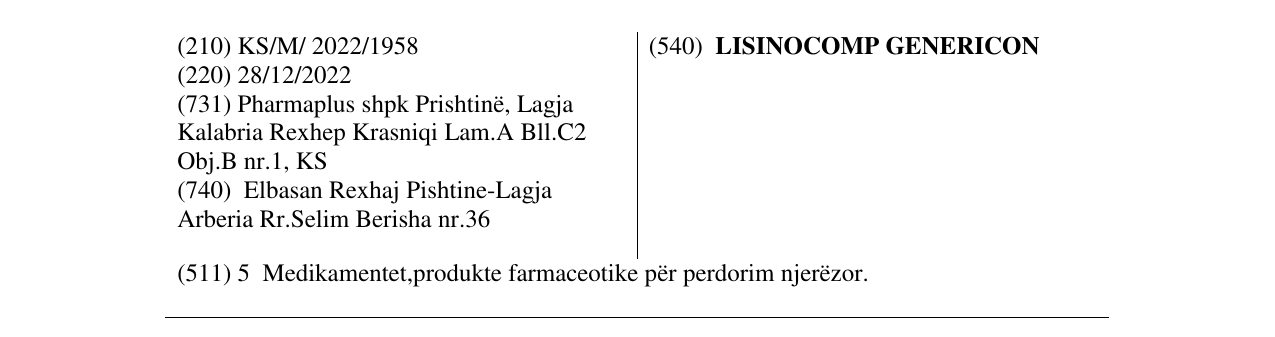 Zëri i markës LISINOCOMP GENERICON në buletin