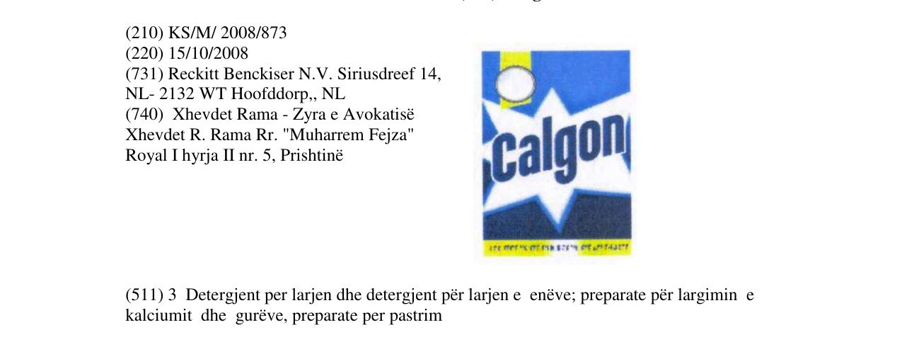Zëri i markës Calgon në buletin