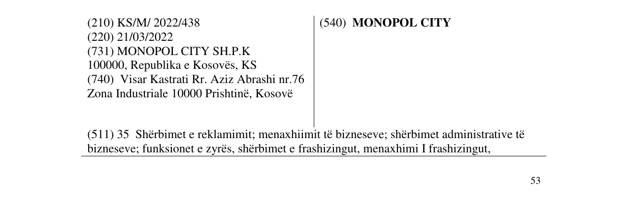 Zëri i markës MONOPOL CITY në buletin