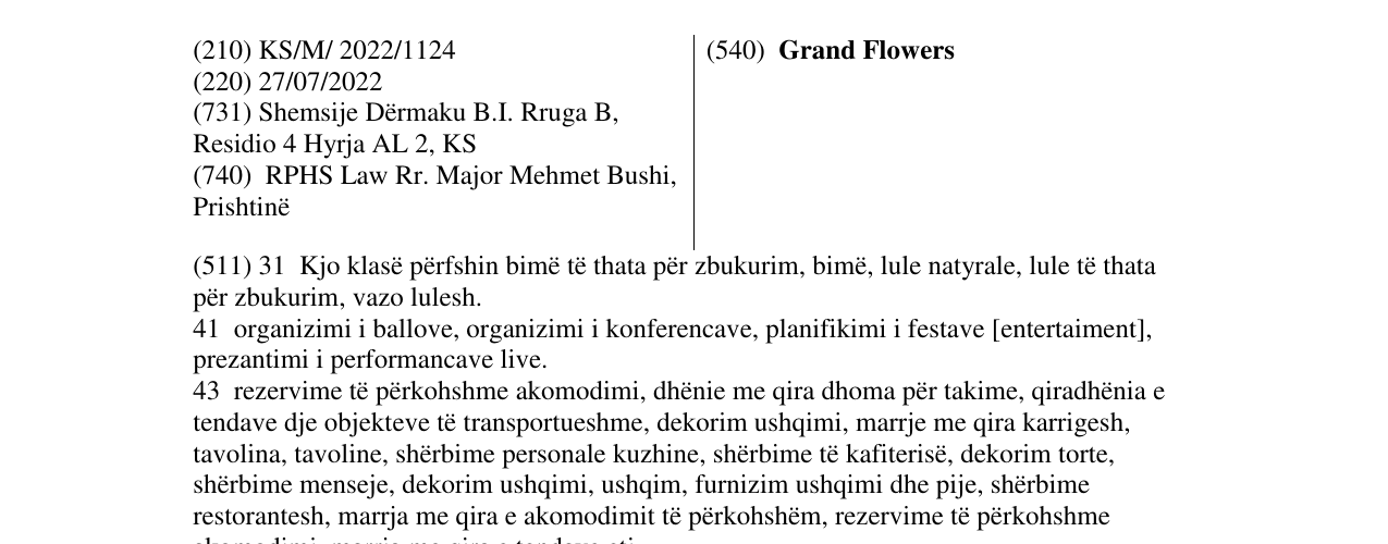 Zëri i markës Grand Flowers në buletin