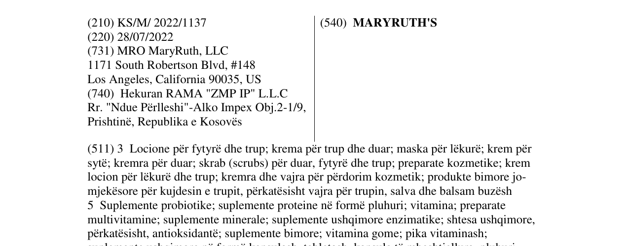 Zëri i markës MARYRUTH'S në buletin