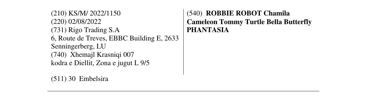 Zëri i markës ROBBIE ROBOT Chamila Cameleon Tommy Turtle Bella Butterfly PHANTASIA në buletin