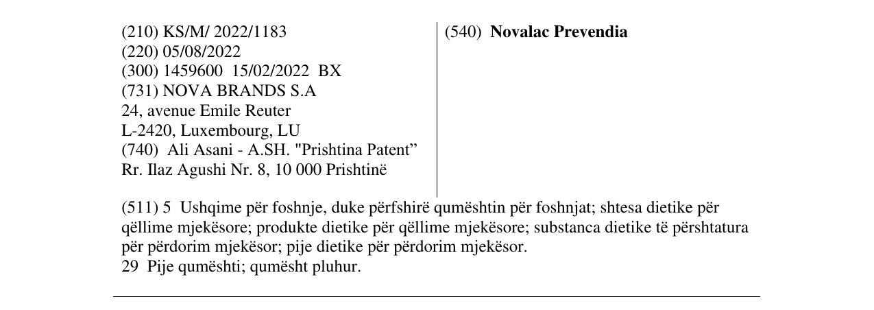 Zëri i markës Novalac Prevendia në buletin
