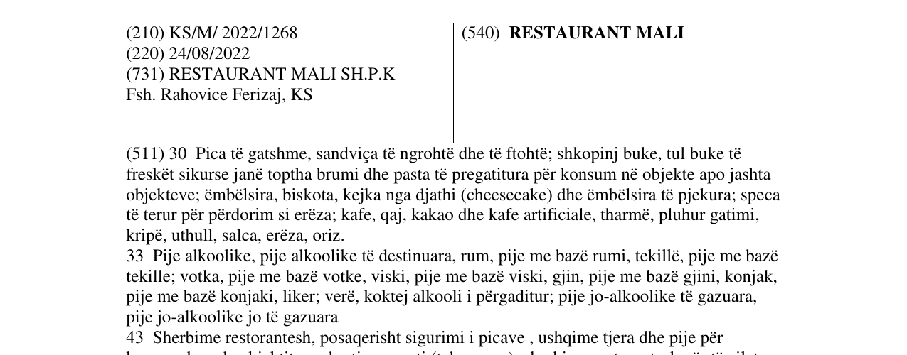 Zëri i markës RESTAURANT MALI në buletin