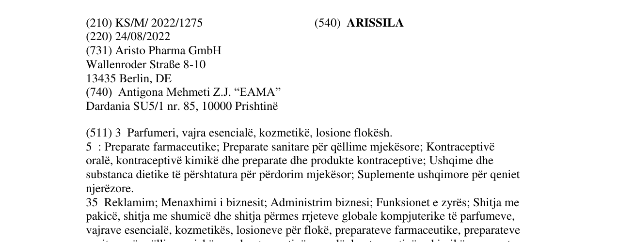Zëri i markës ARISSILA në buletin