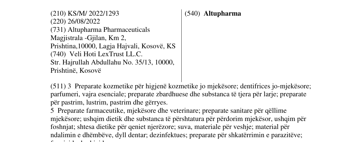 Zëri i markës Altupharma në buletin