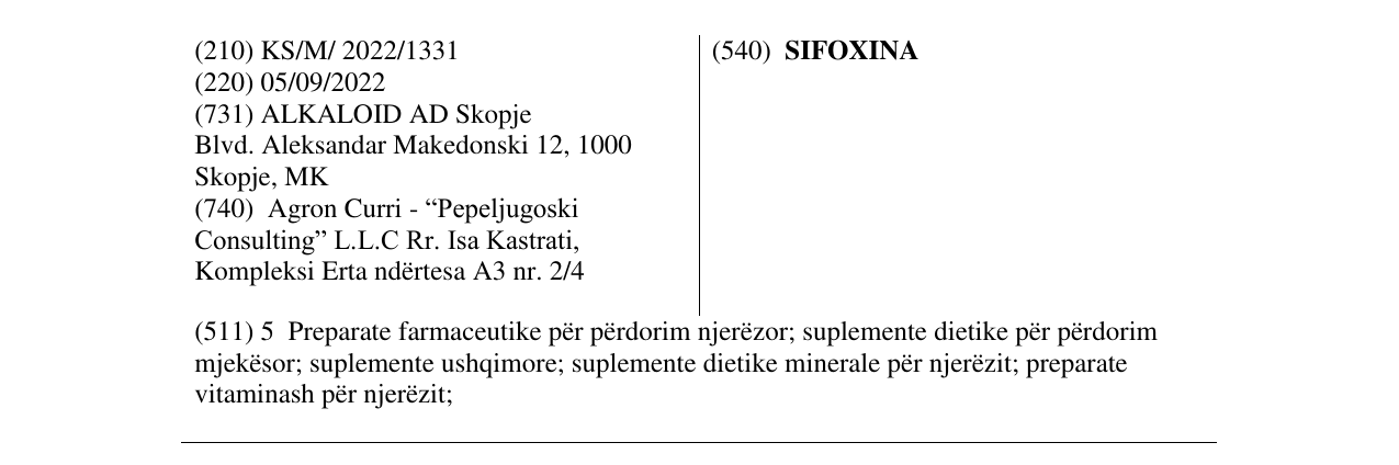 Zëri i markës SIFOXINA në buletin