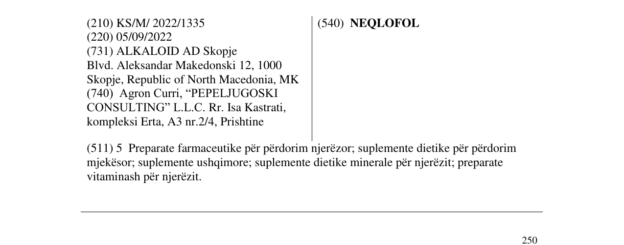 Zëri i markës NEQLOFOL në buletin