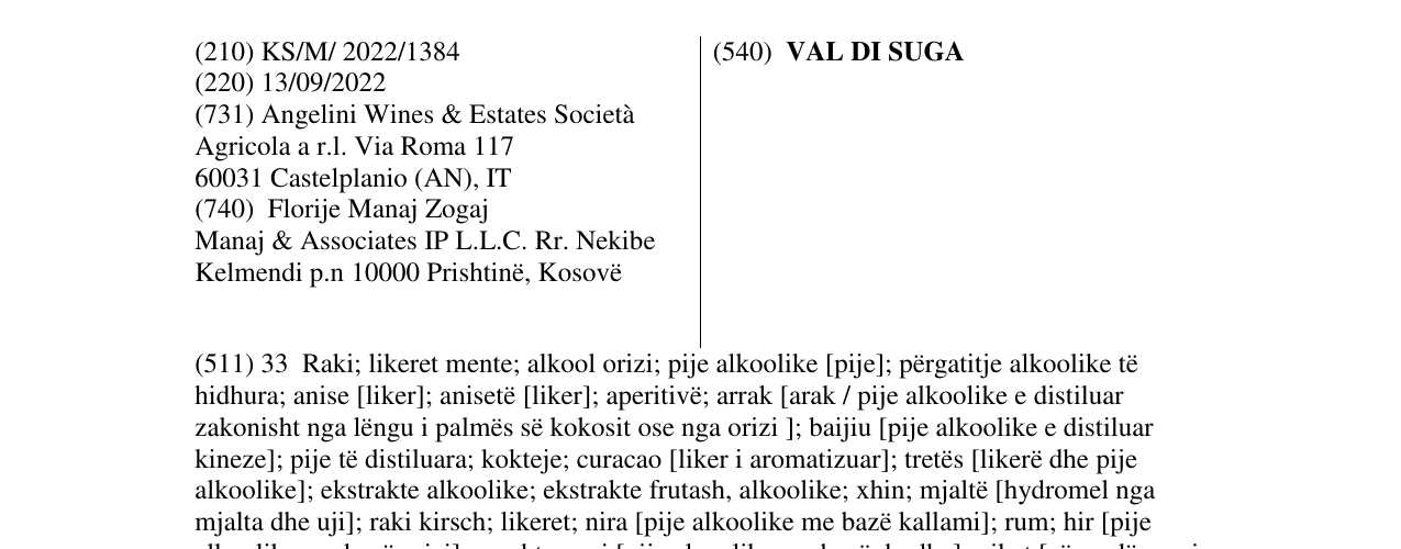 Zëri i markës VAL DI SUGA në buletin