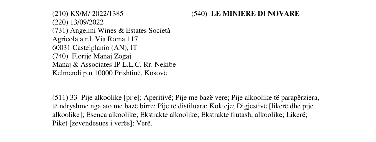 Zëri i markës LE MINIERE DI NOVARE në buletin