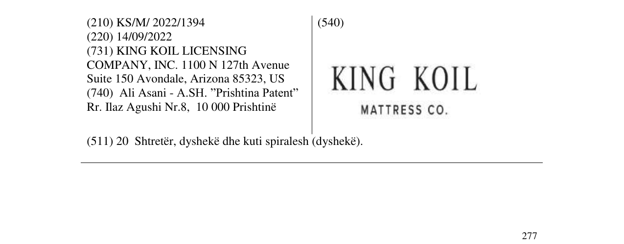Zëri i markës KING KOIL MATTRESS CO. në buletin