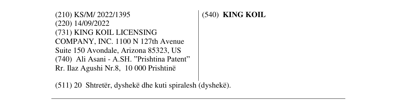 Zëri i markës KING KOIL në buletin