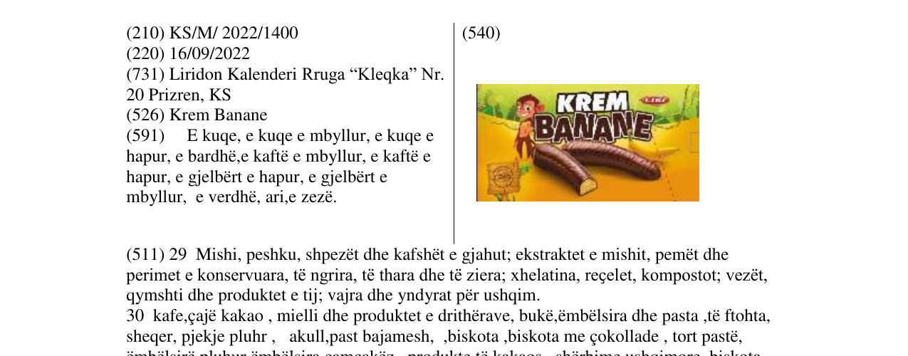 Zëri i markës KREM BANANE në buletin