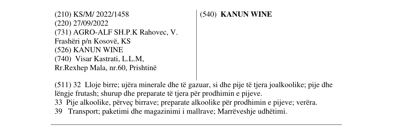Zëri i markës KANUN WINE në buletin