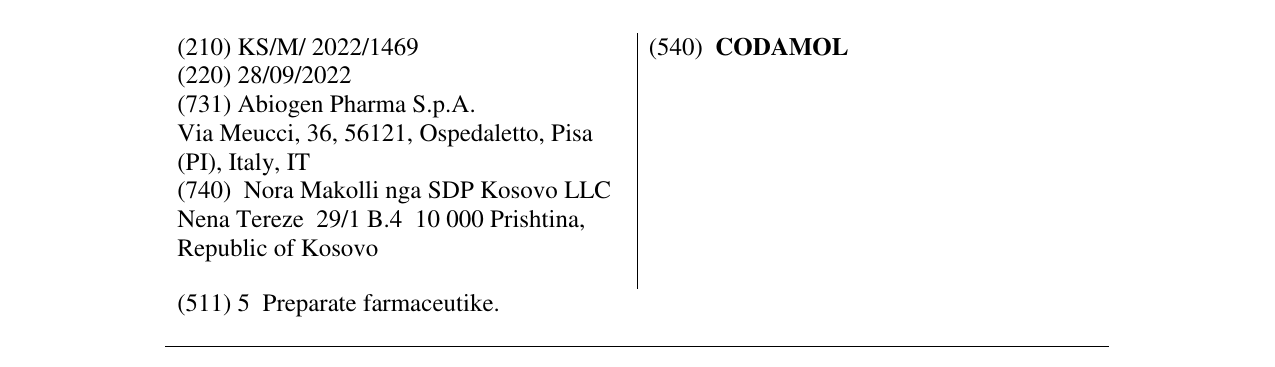 Zëri i markës CODAMOL në buletin
