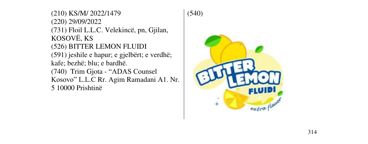 Zëri i markës BITTER LEMON FLUIDI në buletin