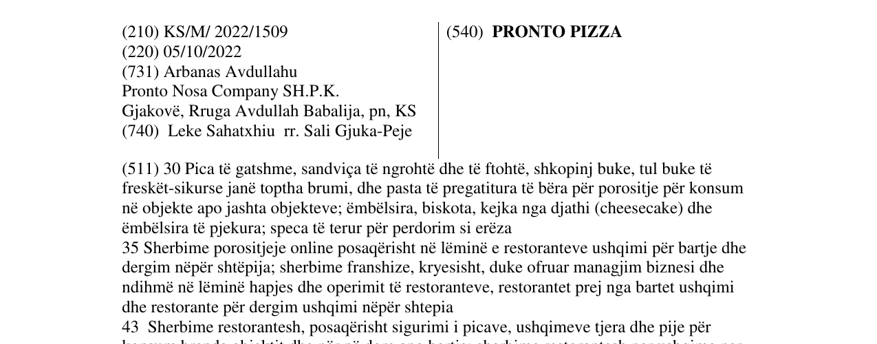 Zëri i markës PRONTO PIZZA në buletin