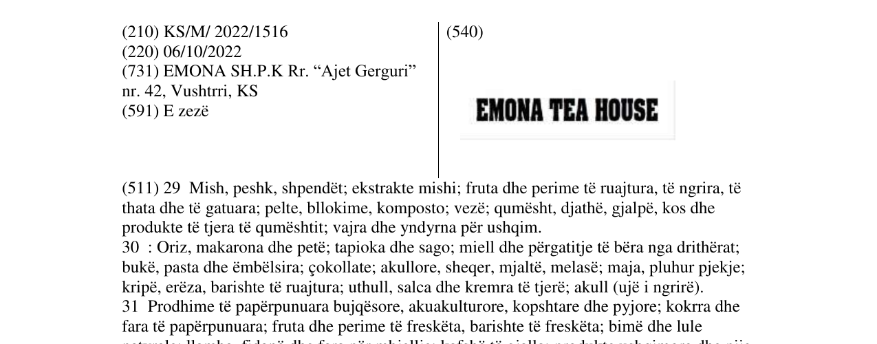 Zëri i markës EMONA TEA HOUSE në buletin