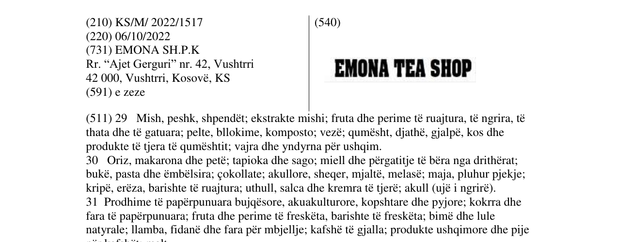 Zëri i markës EMONA TEA SHOP në buletin