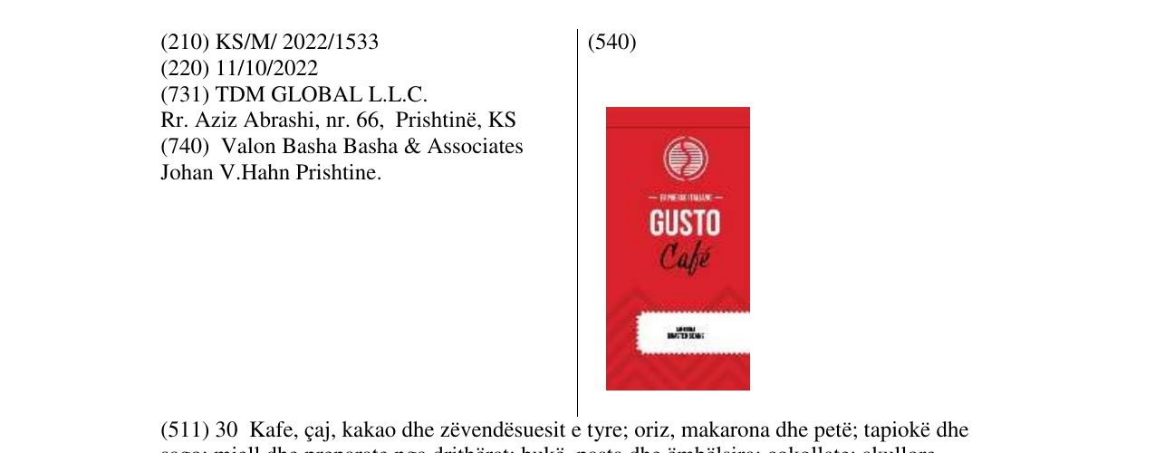 Zëri i markës GUSTO CAFE në buletin